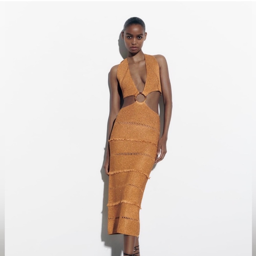 Zara Ochre Crochet Halter Maxi Dress with Ring Cutout